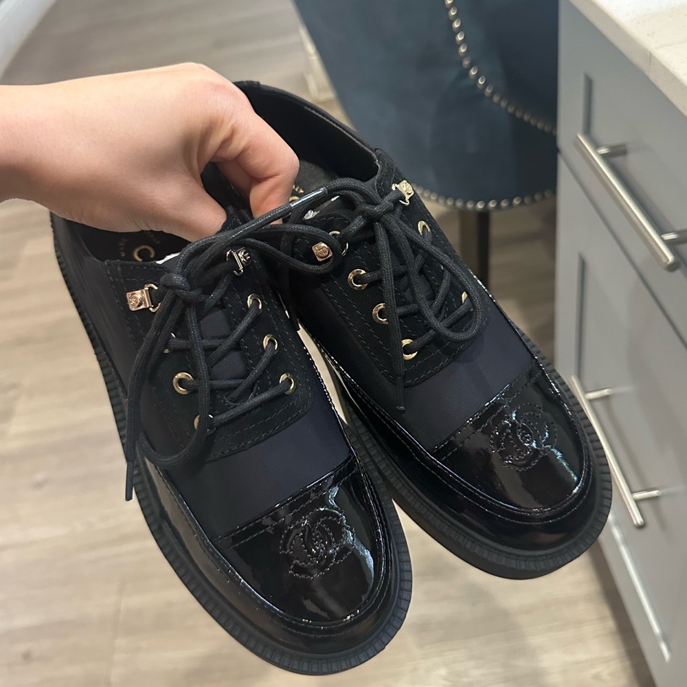 chanel black chunky loafers size 38
